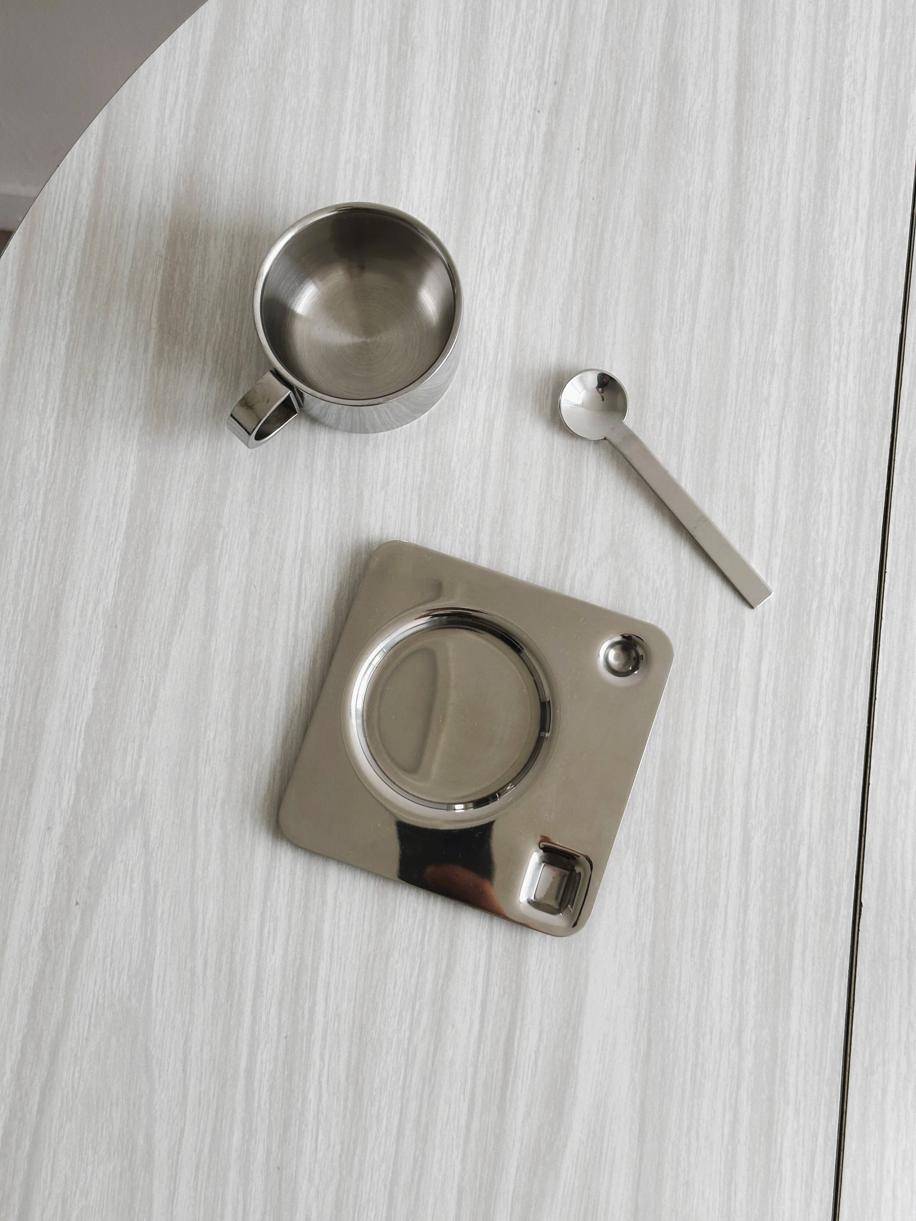 Designer stainless steel cups with tray and spoon