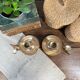 Duo of brass cellar rat candlesticks with extinguisher