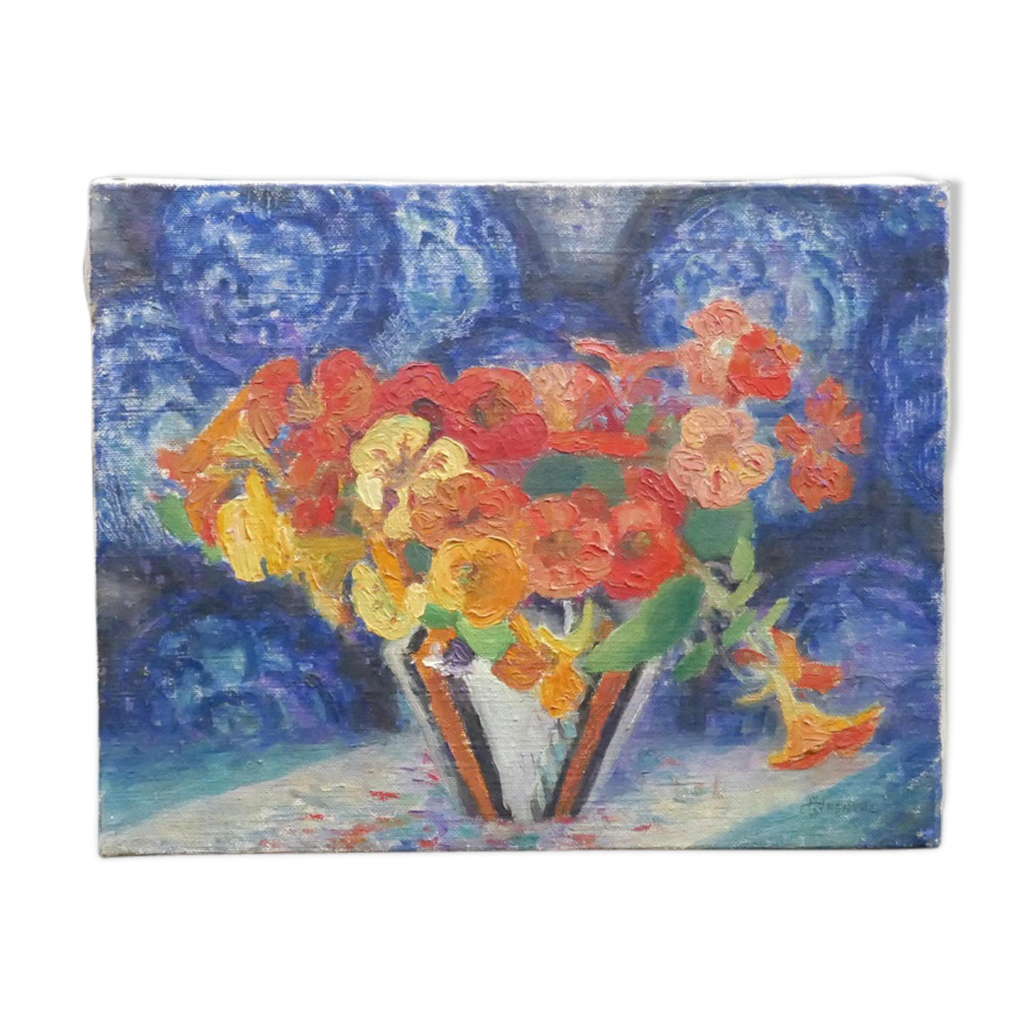 Nature table dead flower arrangement with vase triangular signed G.Grenthe years 30