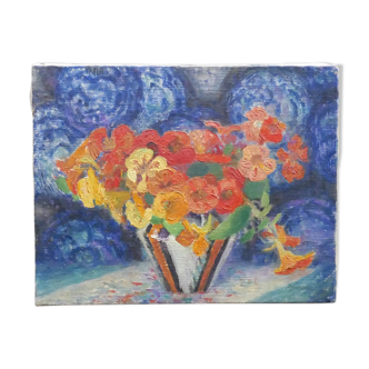 Nature table dead flower arrangement with vase triangular signed G.Grenthe years 30