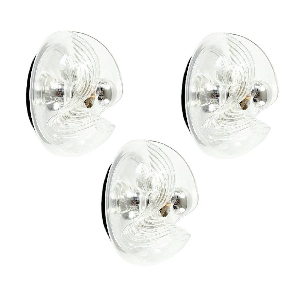 Set of 3 Space Age Glass 'Wave' Wall Lights by Koch & Lowy for P& P, 1970s