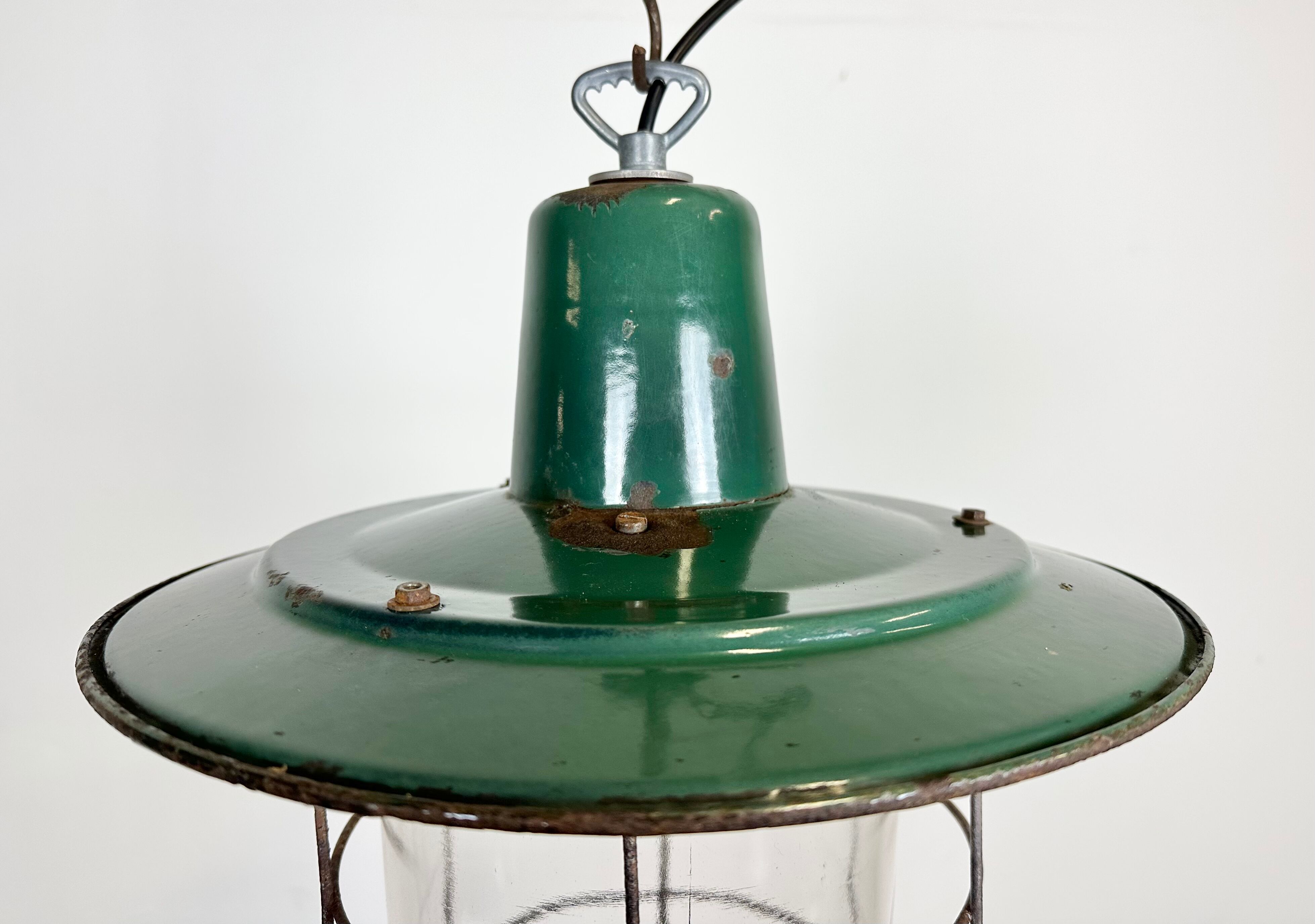 Industrial green enamel cage pendant light, 1960s