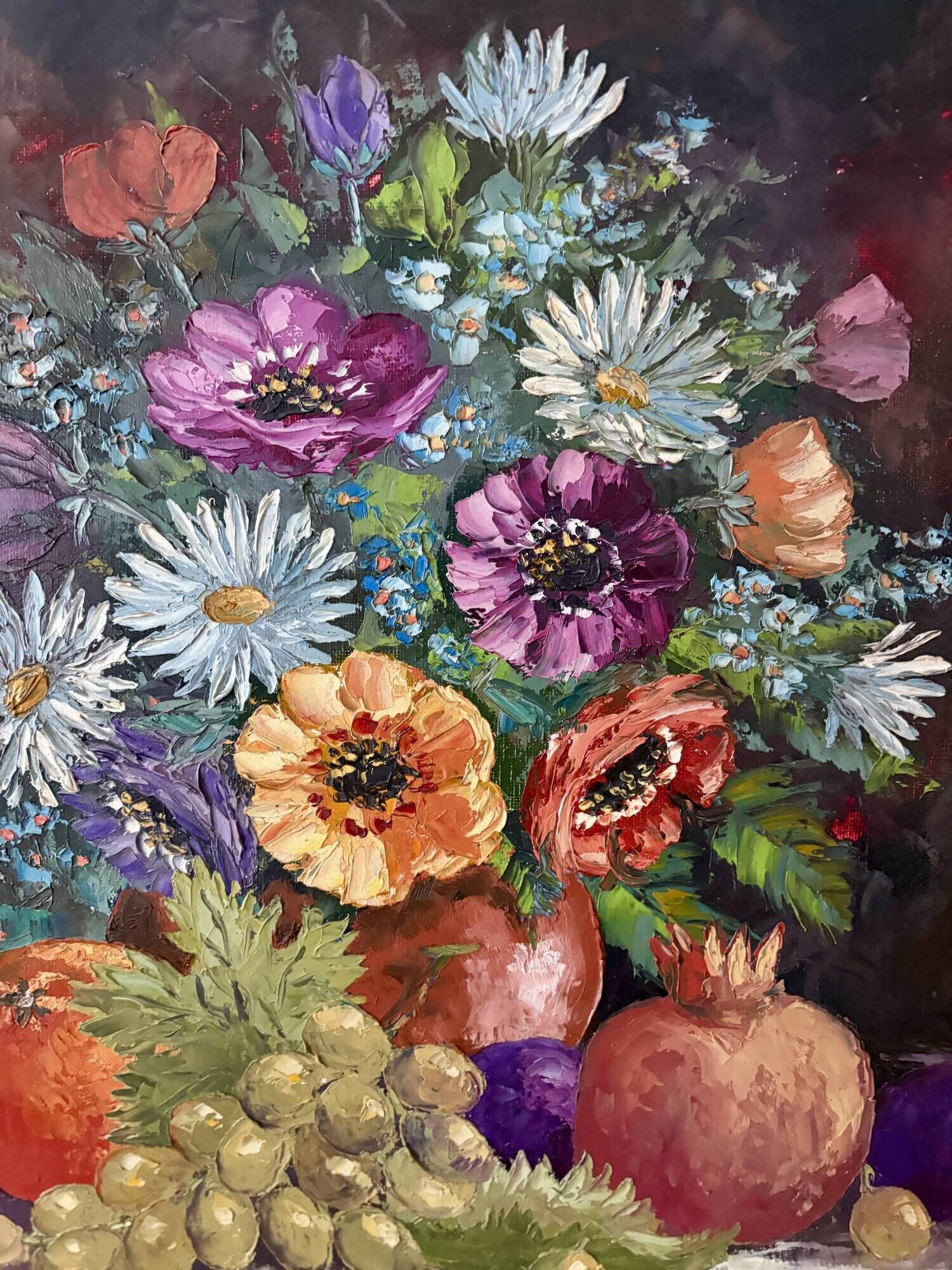 Old painting, still life of flowers and fruits.