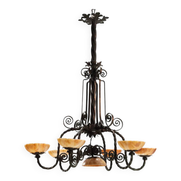 Antique Art Nouveau metal chandelier with 6 lights, Italy, 20th century.