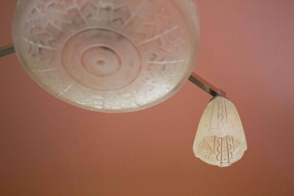 Lustre art déco bronze nickelé avec verre tulipe art déco, lampe de plafond, suspension art déco, 30