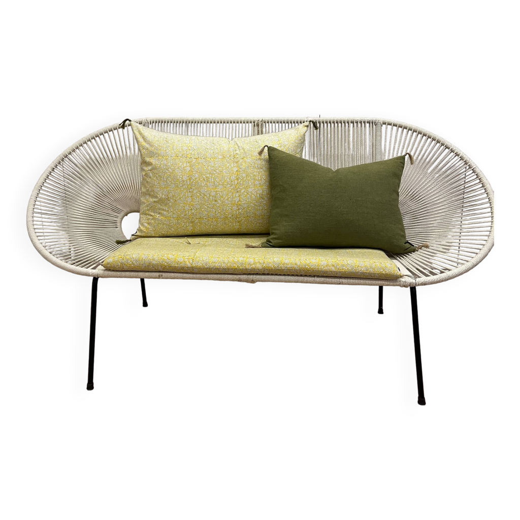 Canapé 3 Places CARAVANE Collection Victor - Vert Velours Et Lin - 6 Coussins