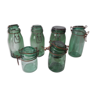 Set of 6 old green glass jars