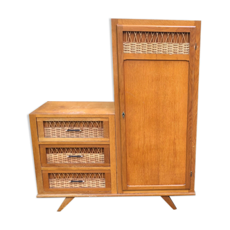 Asymmetrical cabinettte wood and rattan