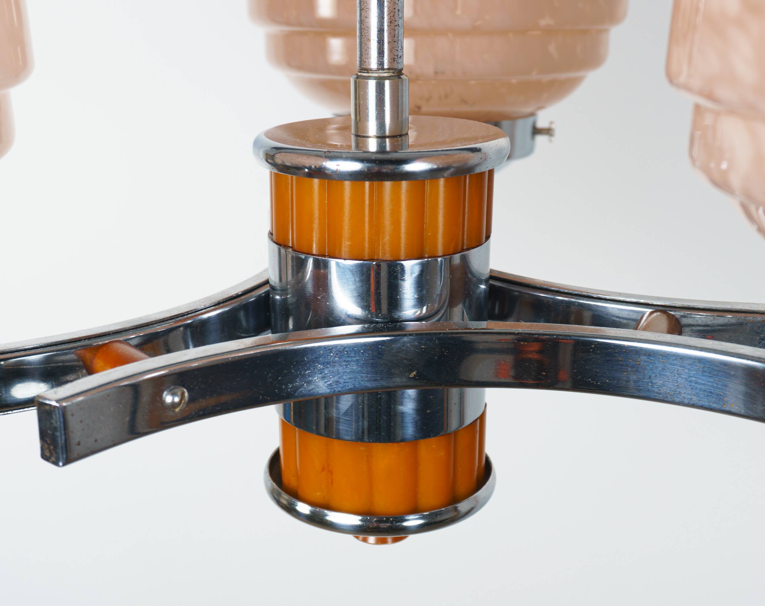 1930s Art Deco Bakelite/Catalin, Chrome & Pink Glass Chandelier Lamp