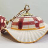 Vintage earthenware pendant light with a burgundy and ochre tartan pattern