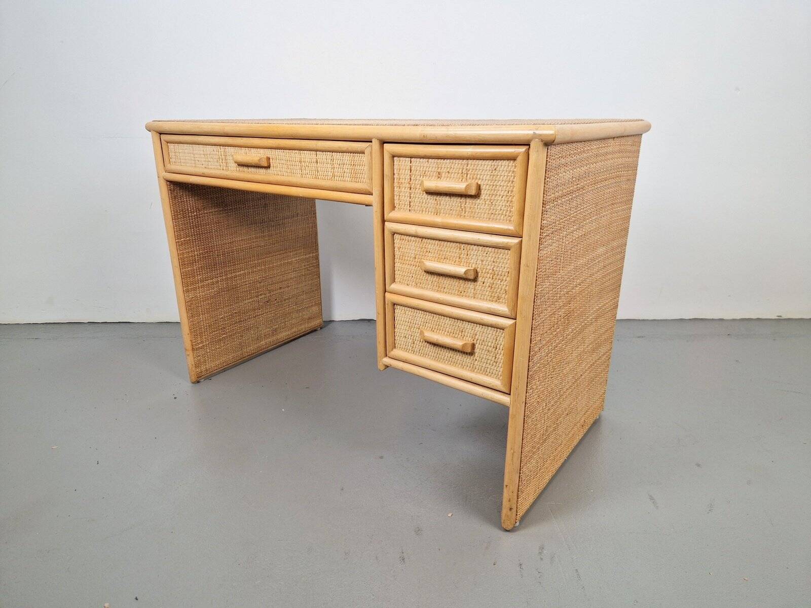 Vintage French Bamboo Rattan Desk with Drawers, 1970s