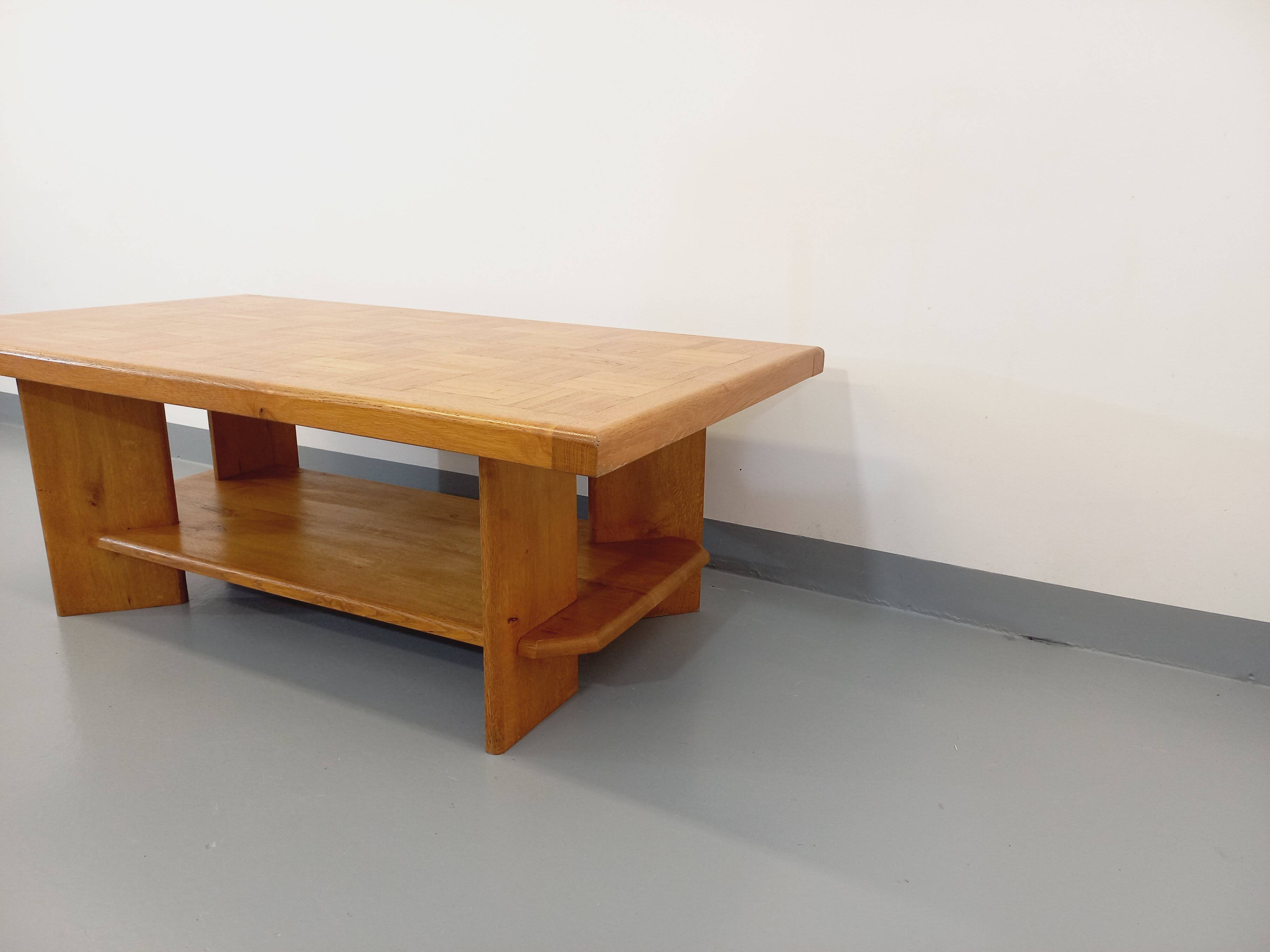 Vintage solid oak coffee table from the 70s 80s Perriand Regain Chapo style