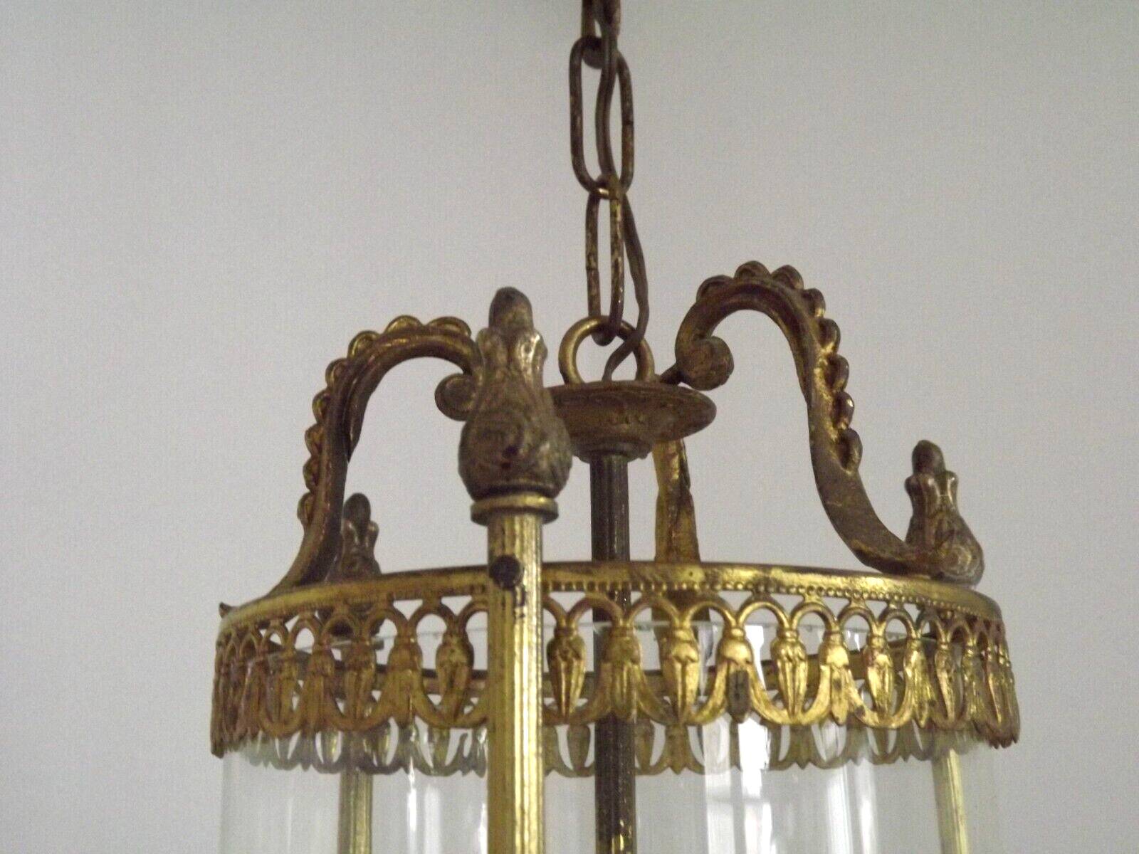 Vintage French Round Gold Metal and Brass 2 Light Lantern Ceiling Light 4724