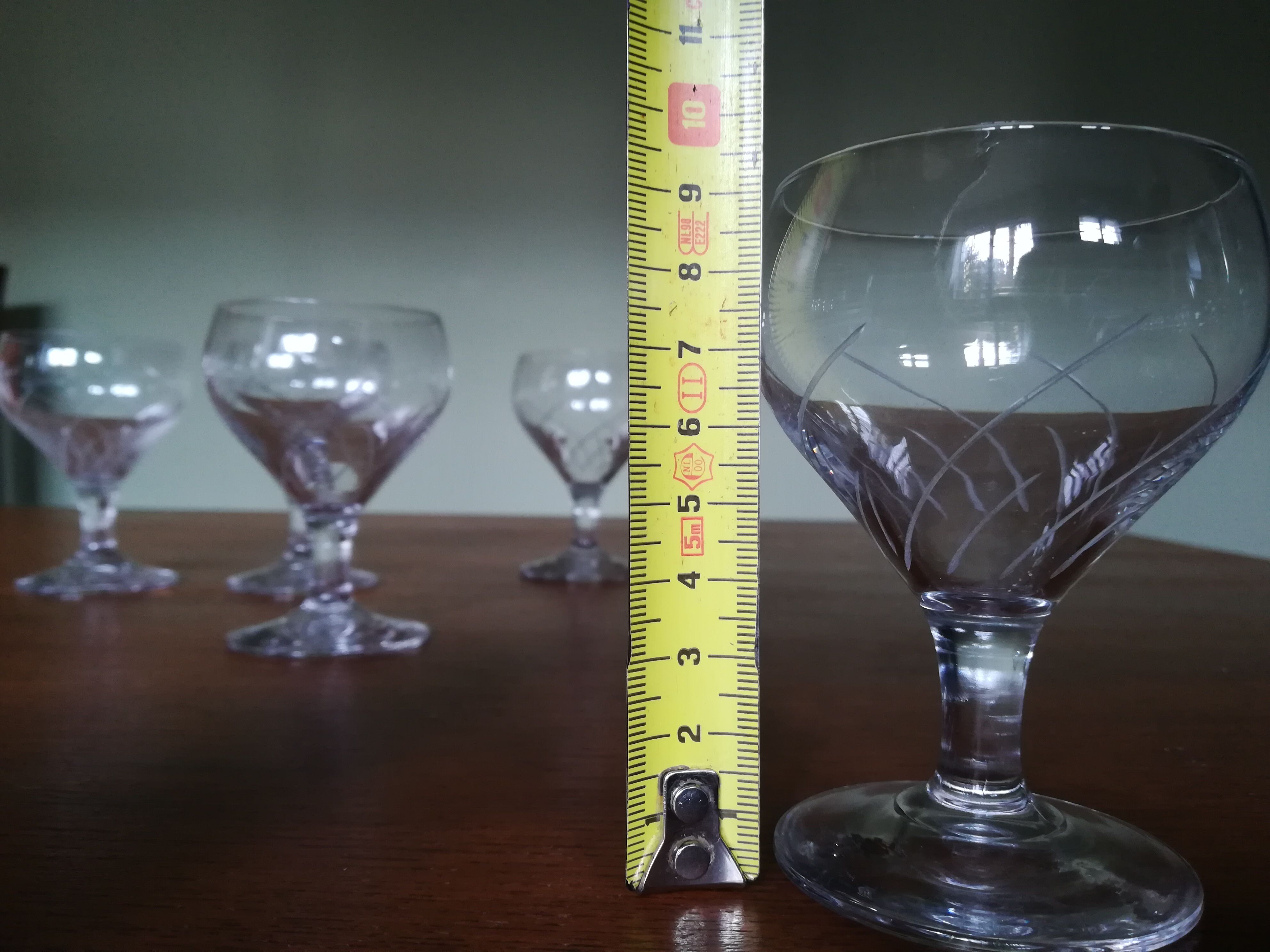 Five engraved vintage glasses white wine or aperitif glasses