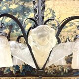 Degué - art deco period molded glass and wrought iron chandelier