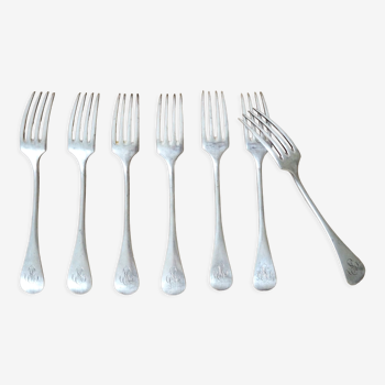 Set of 7 Cailar-Bayard silver forks, monogrammed MS