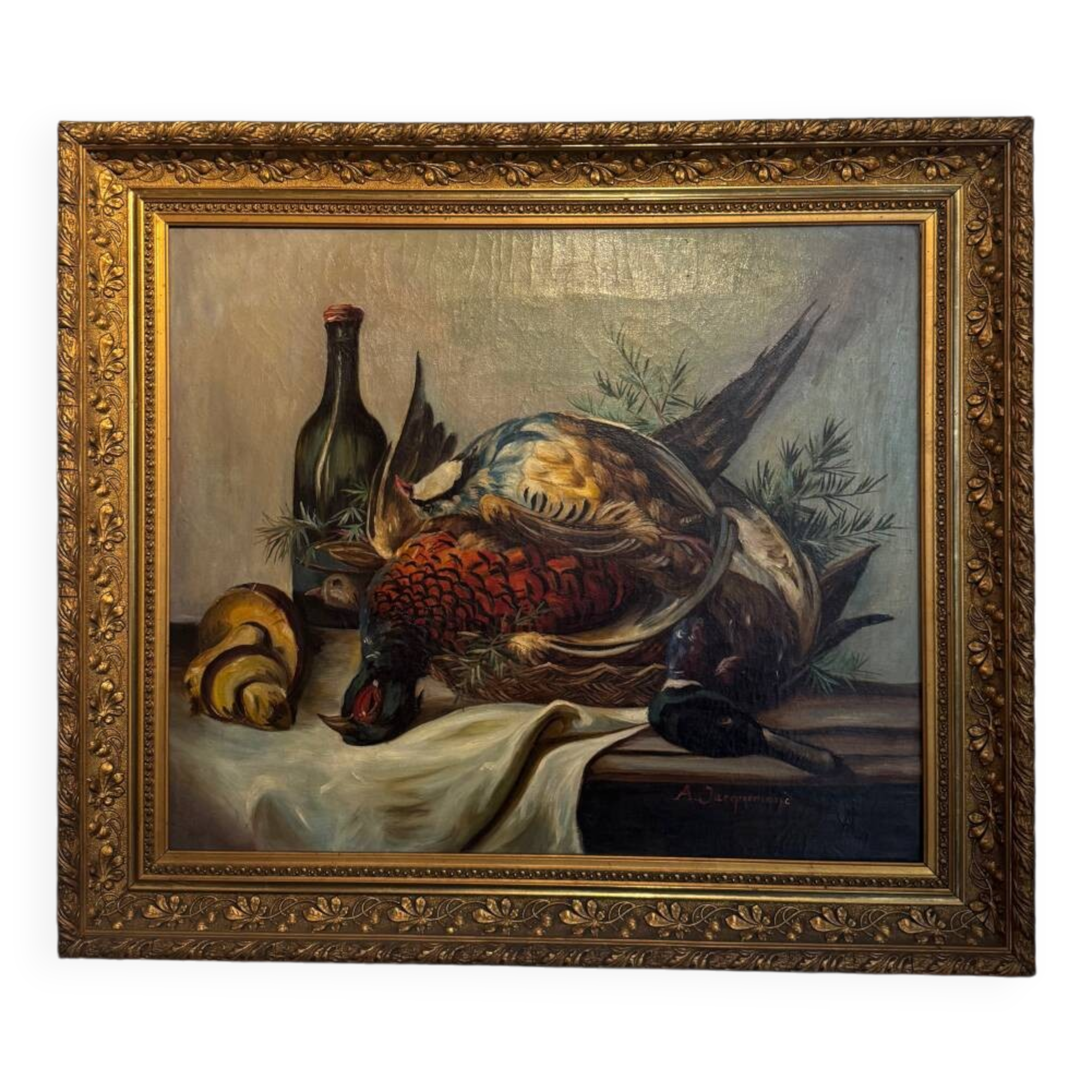 Still life with bottle and game, signed, 20th century