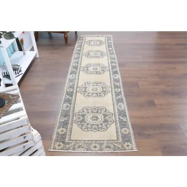 Vintage Turkish Oushak Handmade Wool Cotton Beige Runner 74x285