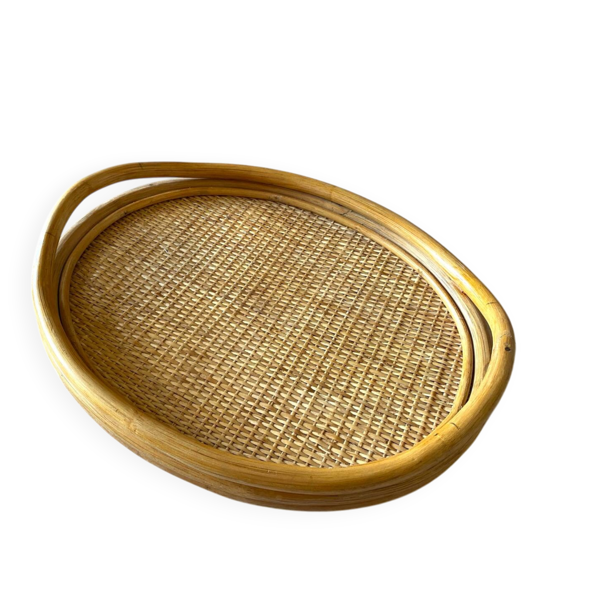 Oval tray made of rattan and bamboo from the 1970s