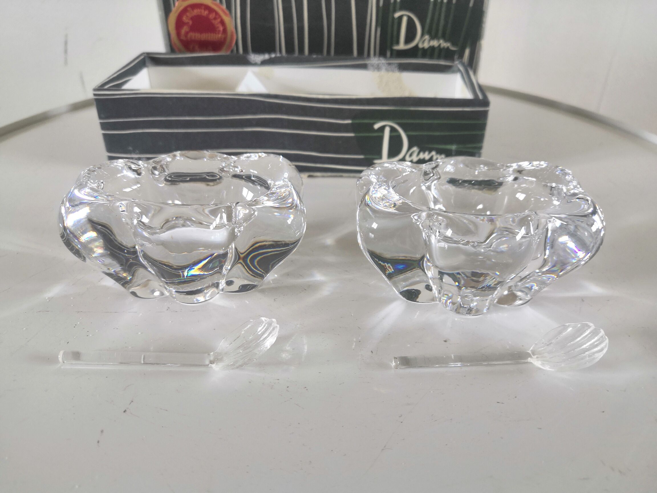 Salt and pepper shaker signed Daum design 70s in their original box