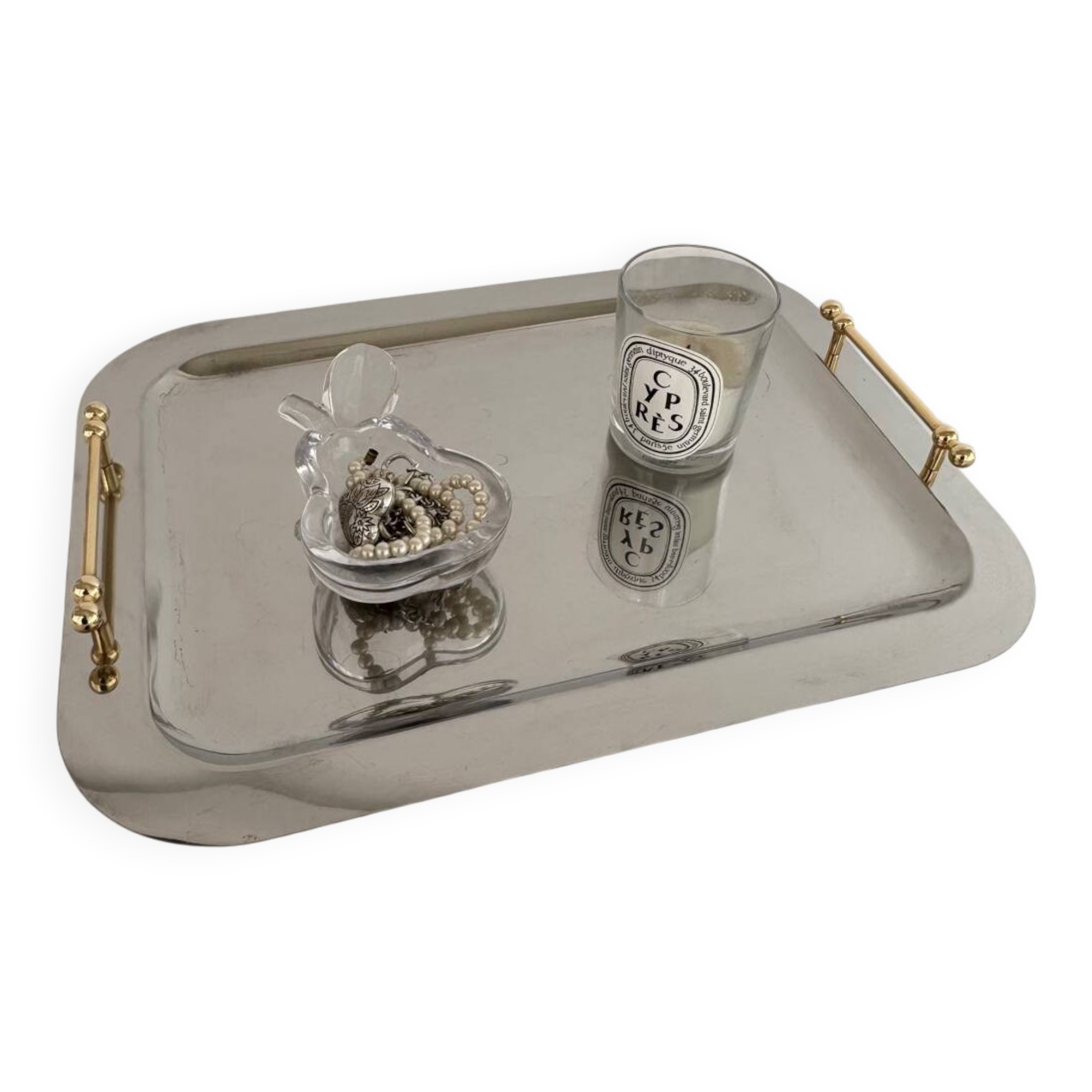 Vintage Stainless Steel Serving Tray With Gold Colored Handles