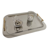 Vintage Stainless Steel Serving Tray With Gold Colored Handles