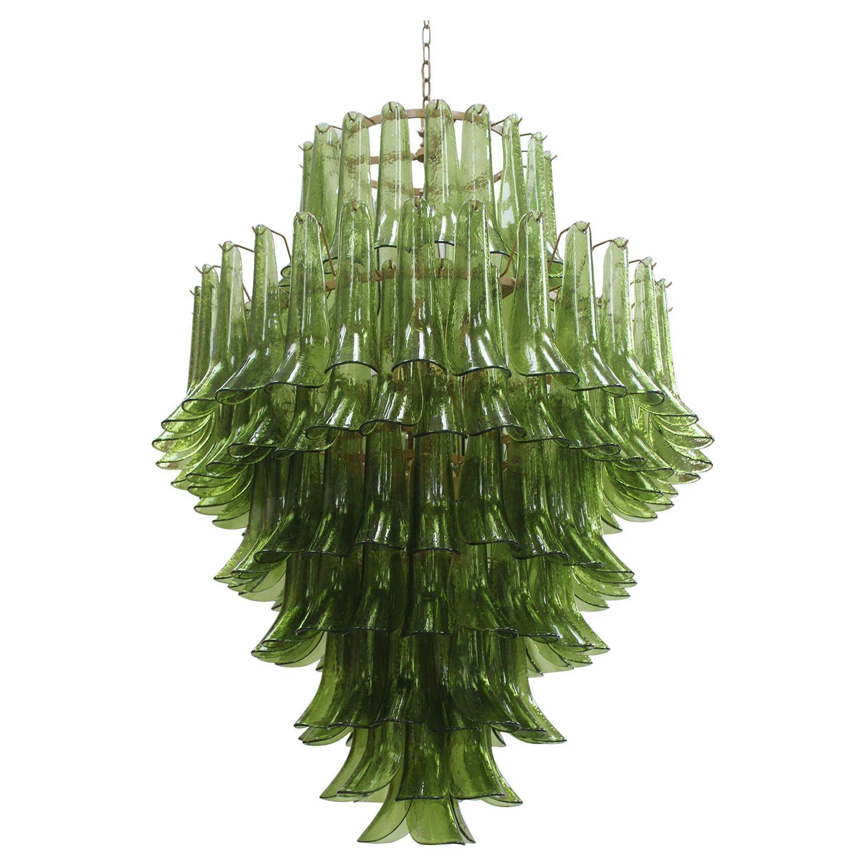 Green Murano Glass Petal Chandelier with Gold-Toned Support, Italy