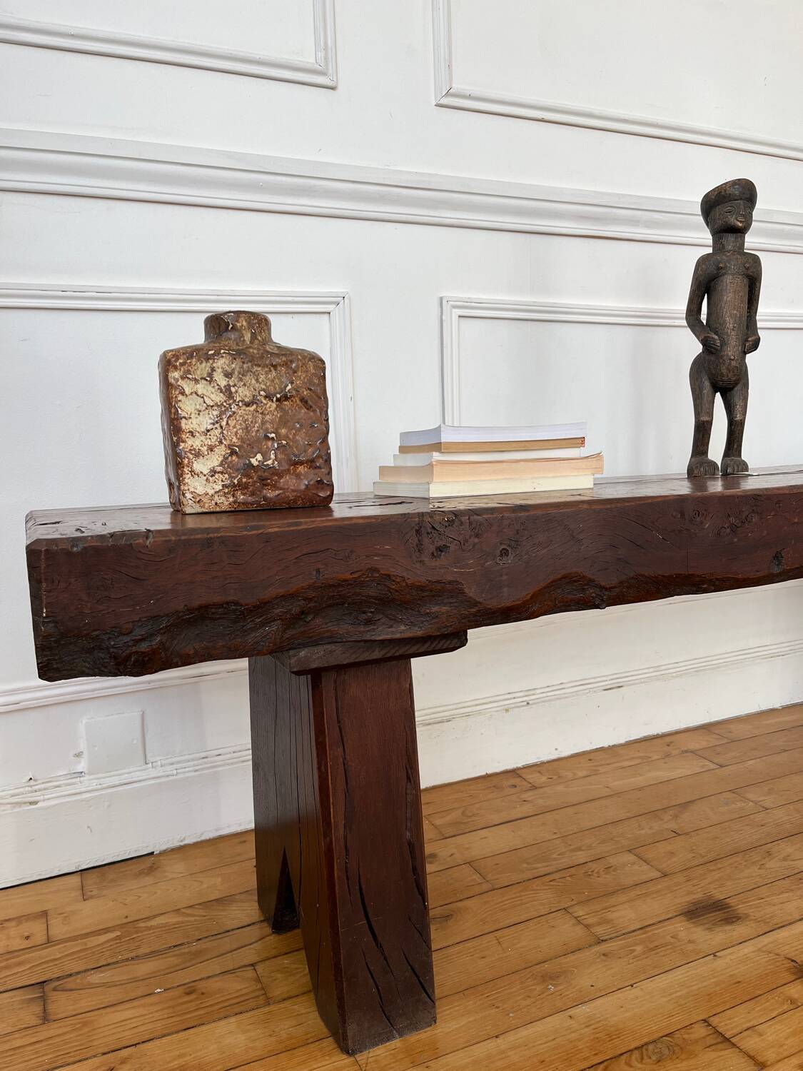Brutalist Folk Art Bench Solid Oak