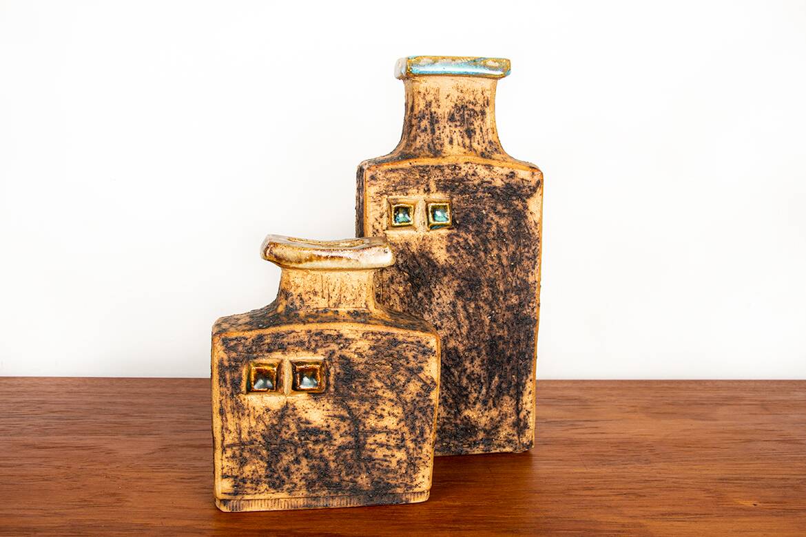 Two Swedish Vases, brutalist, stoneware and glazed collar, Curt Magnus Addin.
