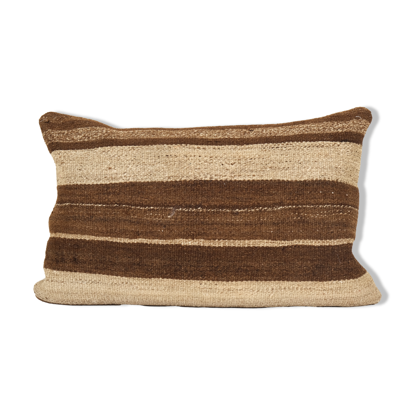 Vintage minimalist style hemp pillow with original details, organic brown wool turkish lumbar