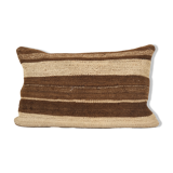 Vintage minimalist style hemp pillow with original details, organic brown wool turkish lumbar