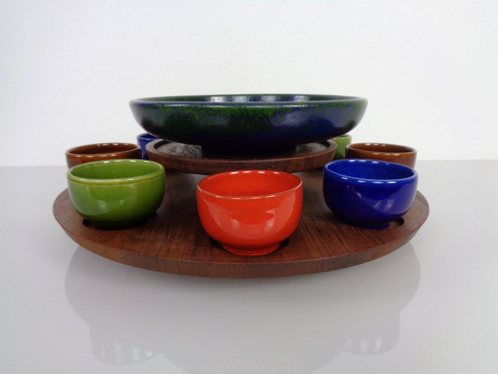Rotating Teak Tray with Ceramic Bowls, Denmark, 1960s, Set of 10