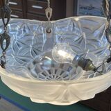 Art Deco suspension in moulded-pressed glass with geometric decoration signed Degué.
