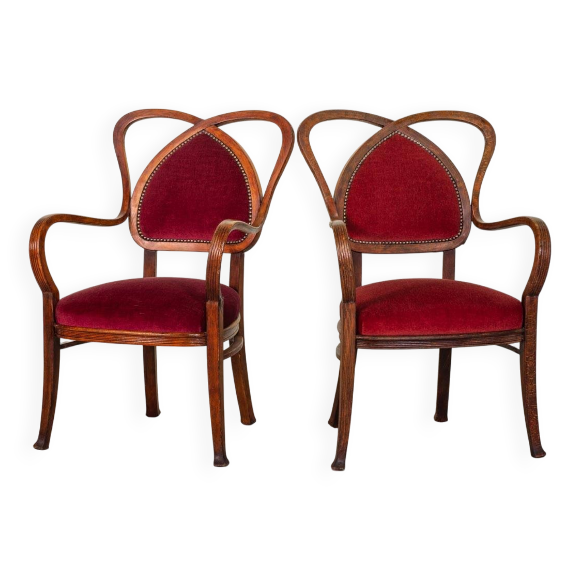 Red Velvet Heartshaped Wooden Vintage Design Side Chairs. Set of 2. 1950s