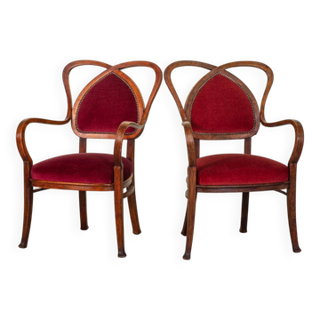 Red Velvet Heartshaped Wooden Vintage Design Side Chairs. Set of 2. 1950s