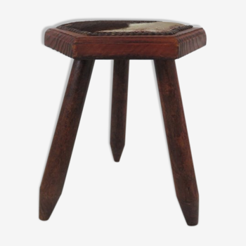 Tabouret tripode bois et peau de vache années 50 60