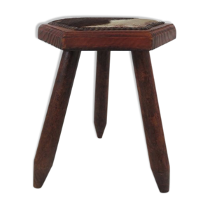 Tabouret tripode bois et peau de