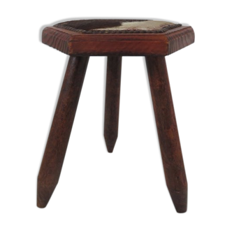 Tabouret tripode bois et peau de vache années 50 60