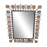 Specchio rettangolare brutalista in ferro battuto e formelle in terracotta