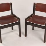 2 Chaises de salle à manger brutalistes en bois et cuir