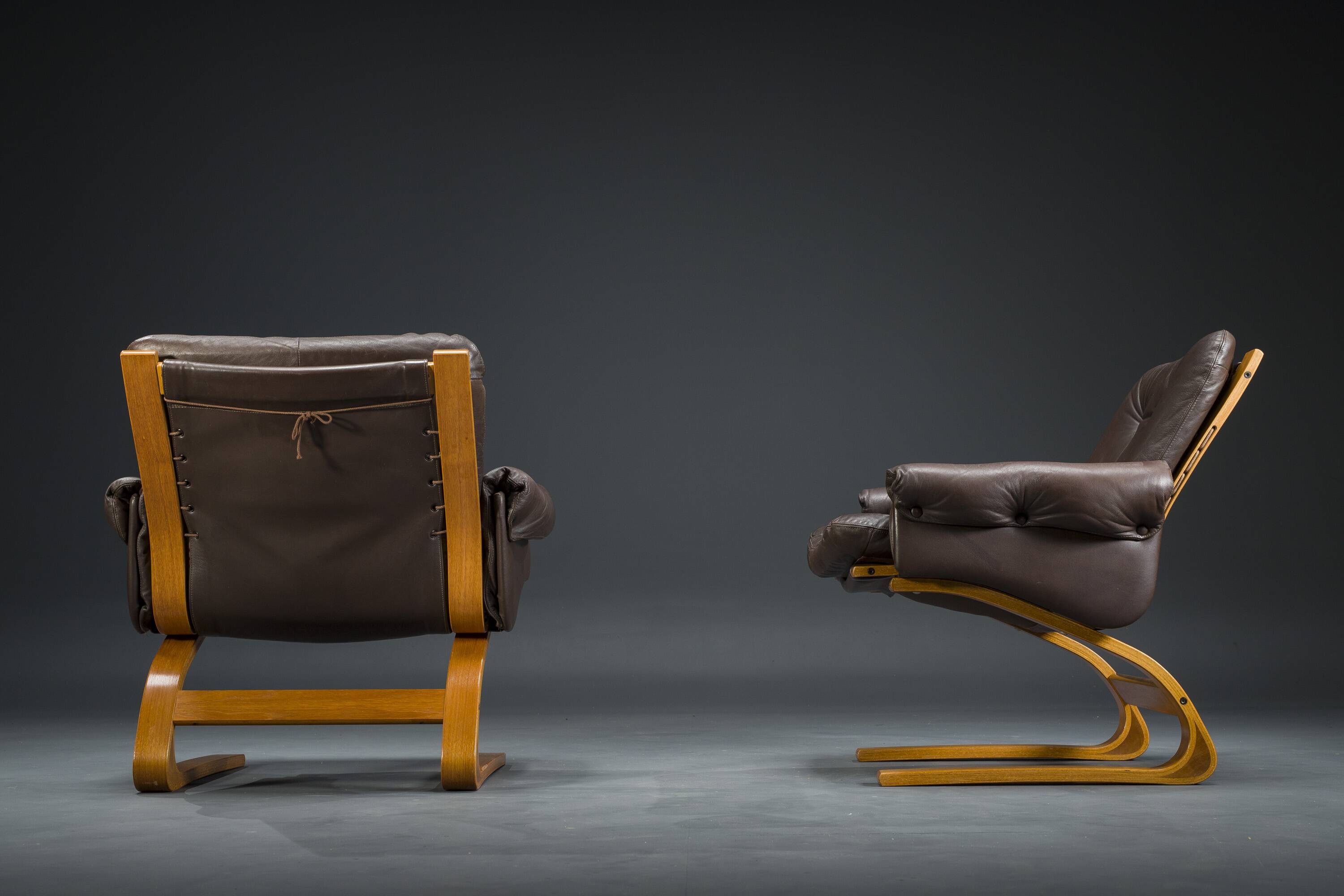 Brown Leather Armchairs by Elsa & Nordahl Solheim for Rybo Rykken & Co., 1970s, Set of 2