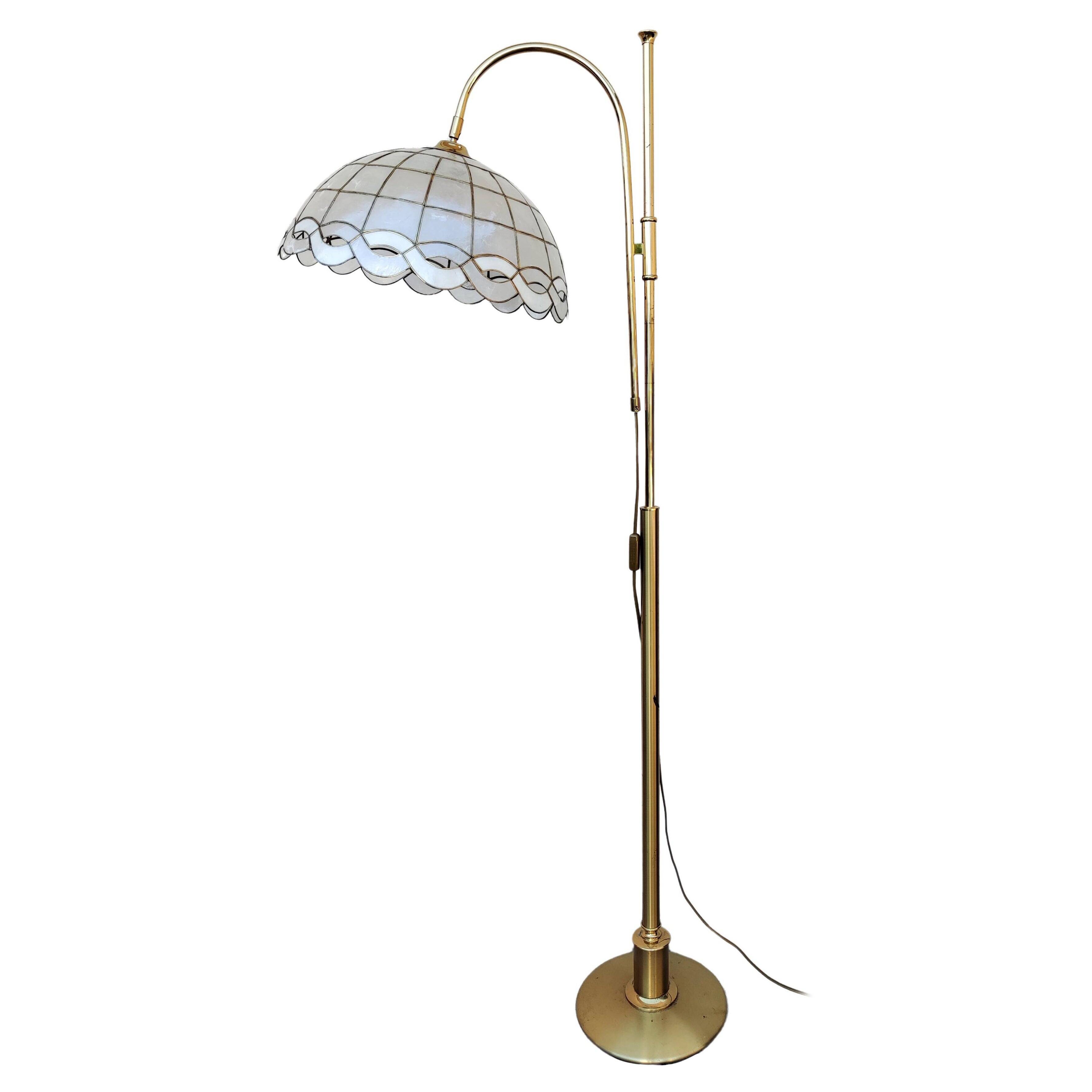 Mid Century Modern brass floor lamp with Capiz shell shade 1970s