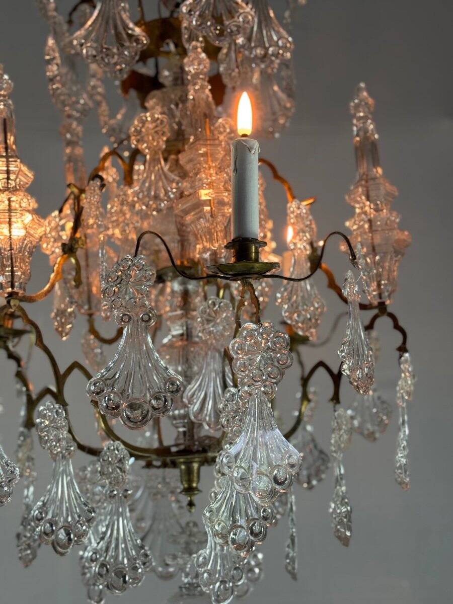 Cage chandelier, molded glass and bronze pendants, circa 1800