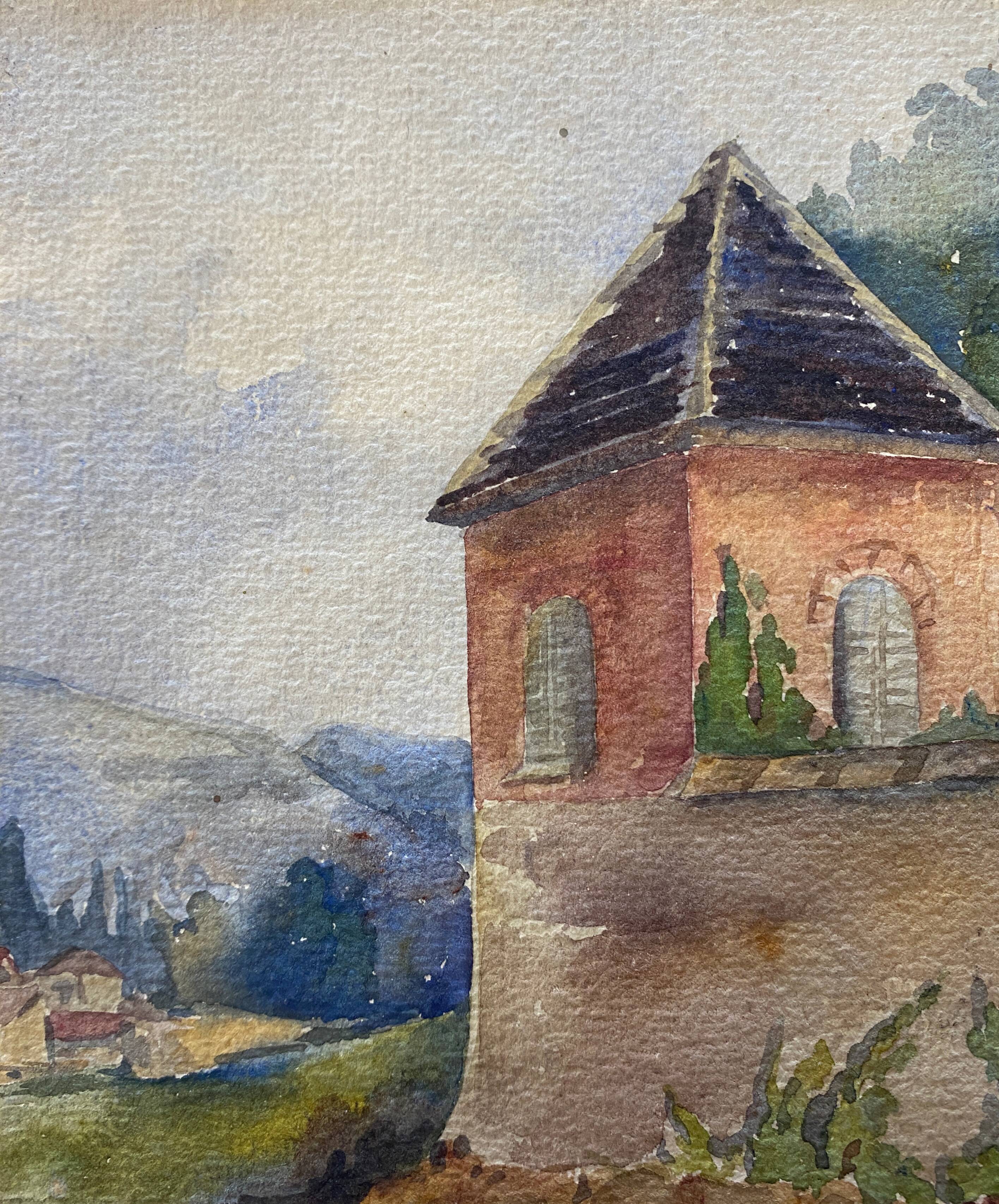 Watercolor painting "Landscape with the bell tower" signed, early twentieth century