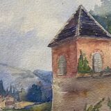 Watercolor painting "Landscape with the bell tower" signed, early twentieth century