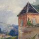 Watercolor painting "Landscape with the bell tower" signed, early twentieth century