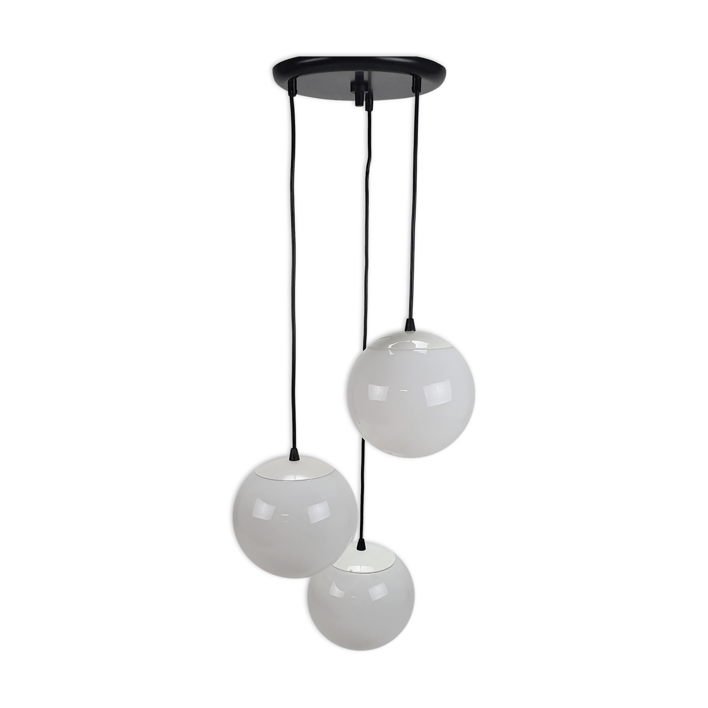 Vintage hanging lamp with 3 white bols, 1970s