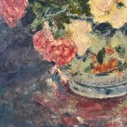 Bouquet d’œillets en vase bleu et blanc, signée