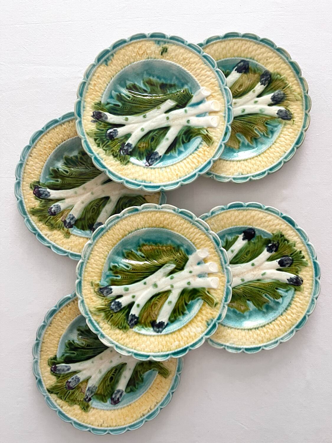 6 antique asparagus plates in Salins faience barbotine