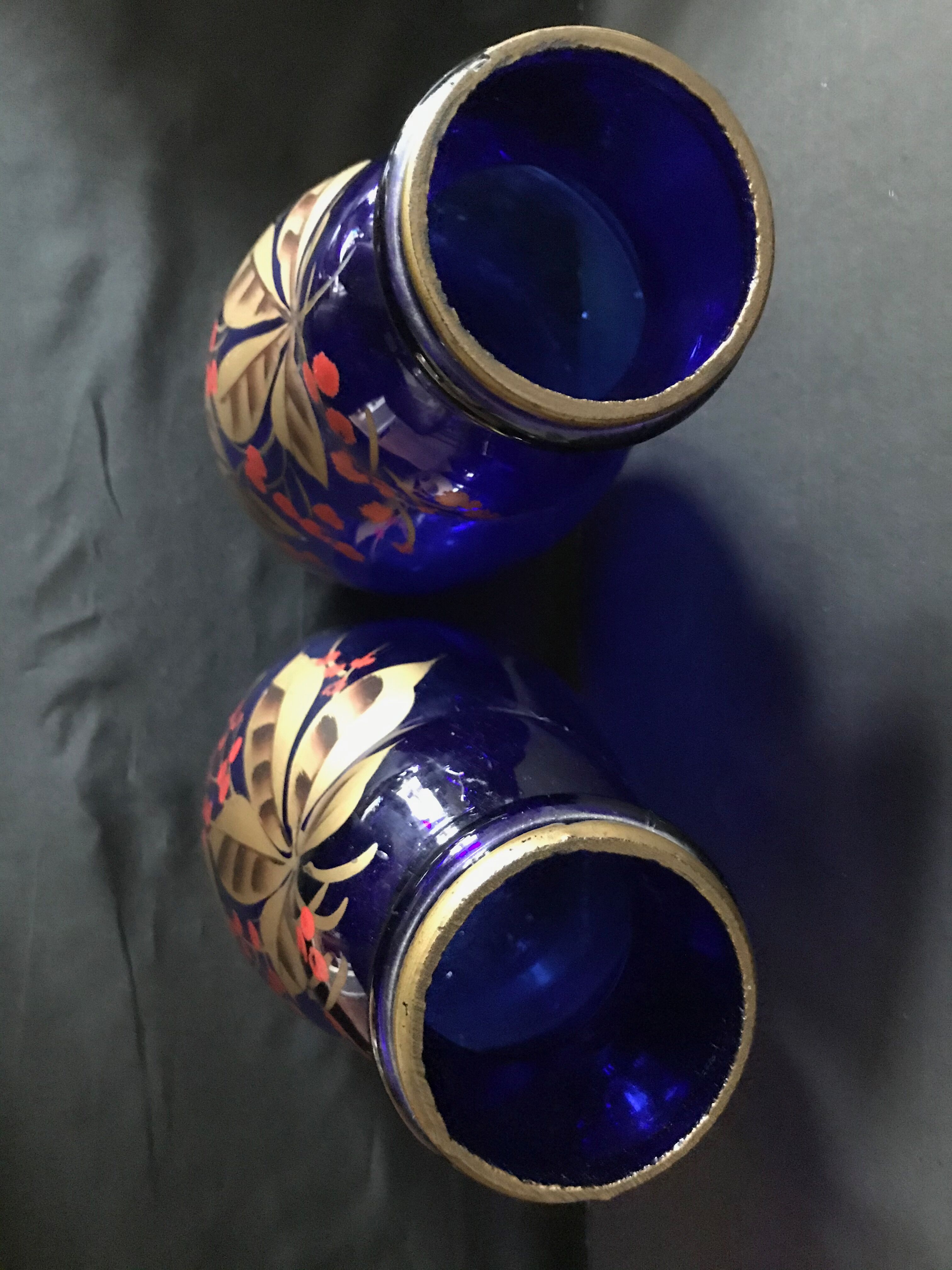 Pair of hand-painted cobalt blue glass vases